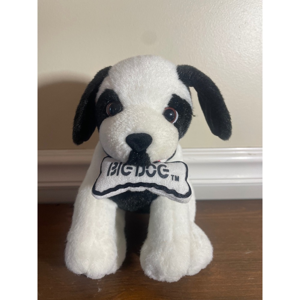 Big Dog Sportswear Plush Mascot Black White Dog Holding Bone Sound Works 8.5"